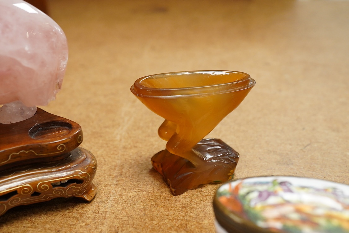 Two 19th century enamel boxes and two enamel shaped vessels, a hardstone elephant, etc.